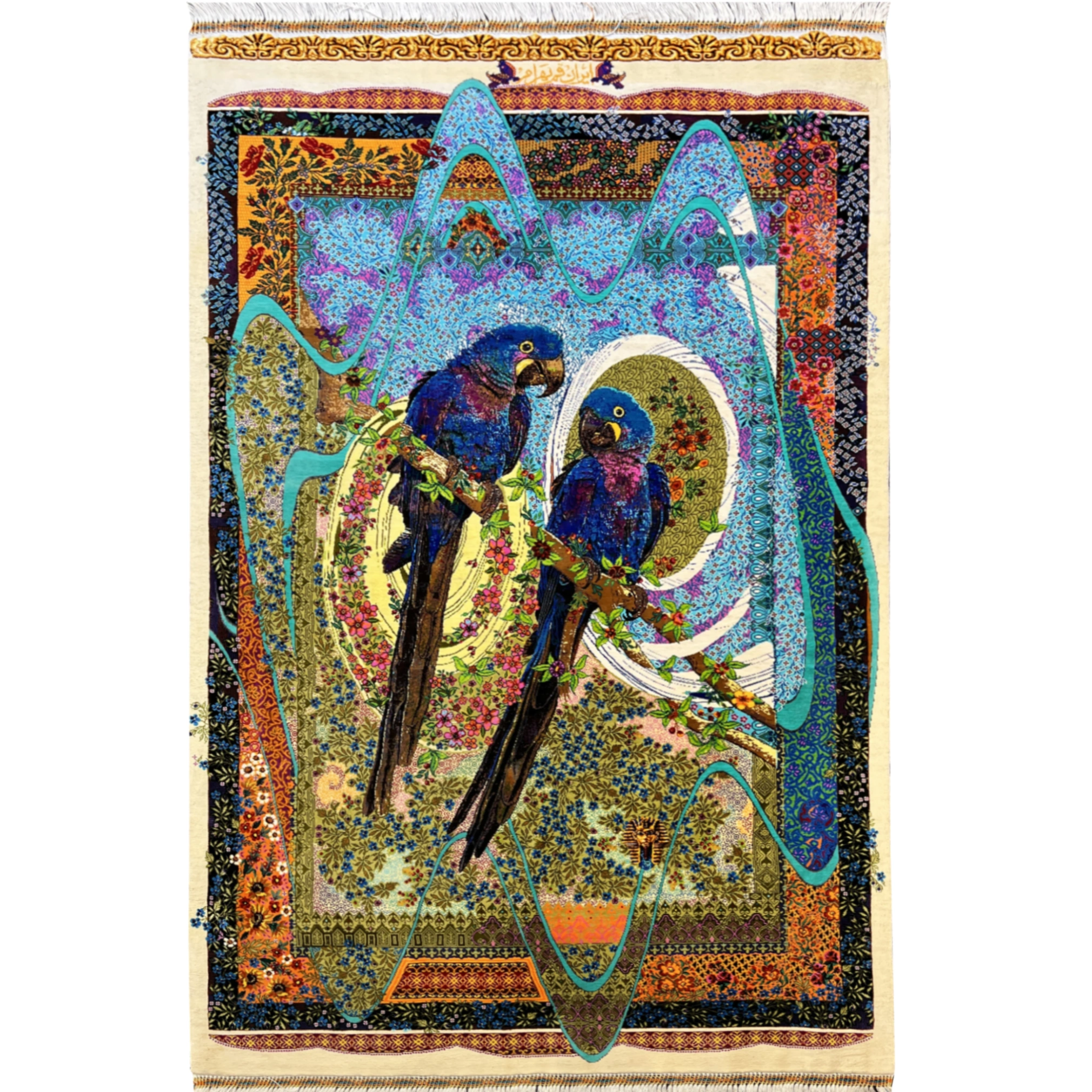 All-silk carpet with macaw bird design, handmade in Qom, product code 3A55