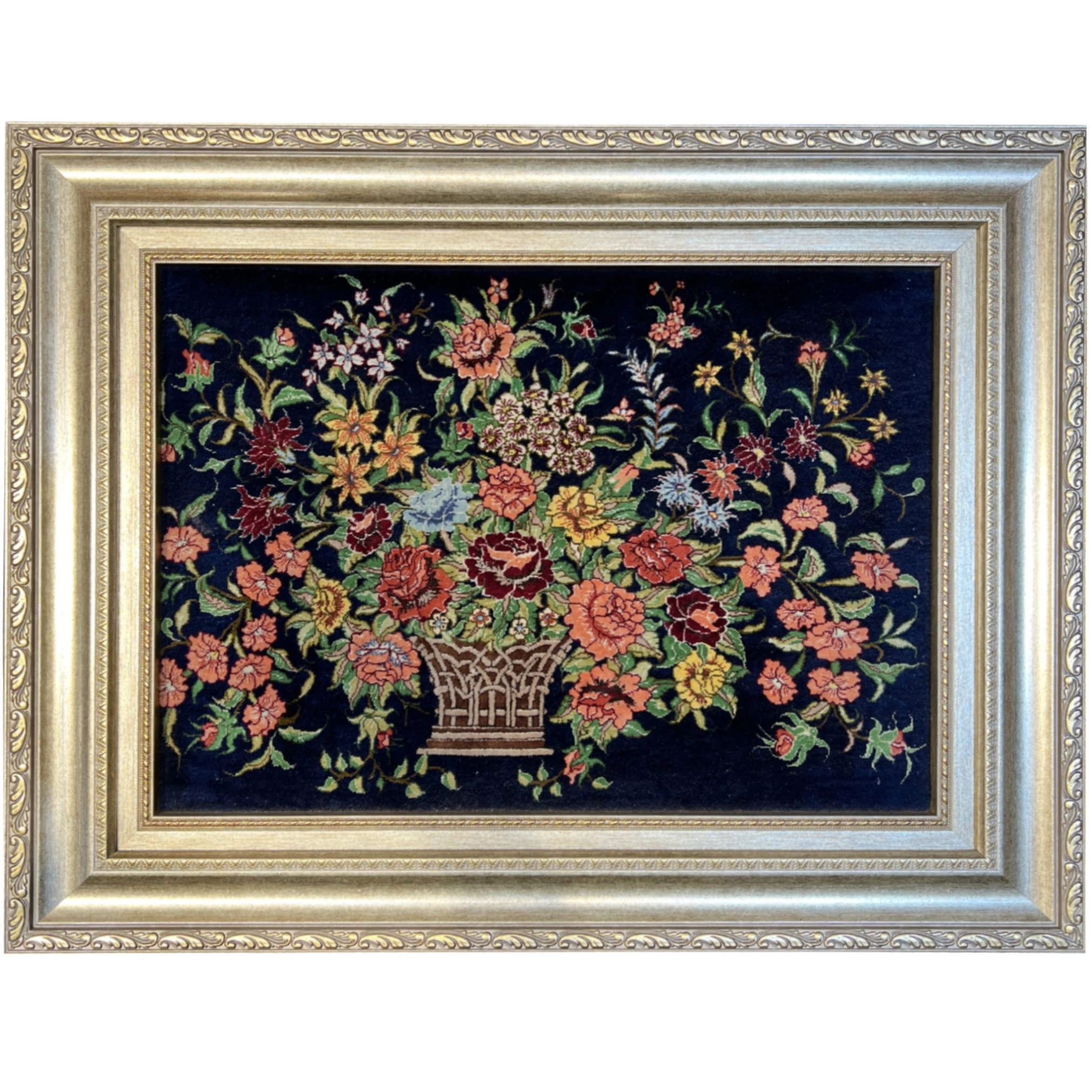 Handmade Qom silk carpet with floral design, product code 3A57